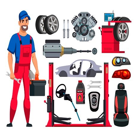 Friendly man auto mechanic and car spare part set. Equipment and accessory for tire fitting service, automotive diagnostics, repair center, wheel, body, plug, reduction axle, engine, lights, seat